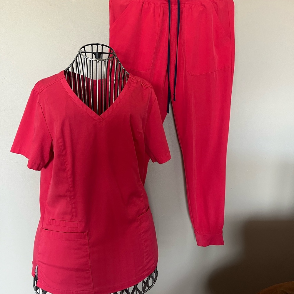 hot pink “watermelon” Scrub Set - V-Neck Top & Drawstring Jogger Pants